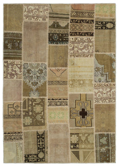 Iskece 21417 Beige Patchwork Wool Handmade Area Rug 5'3" x 7'7"