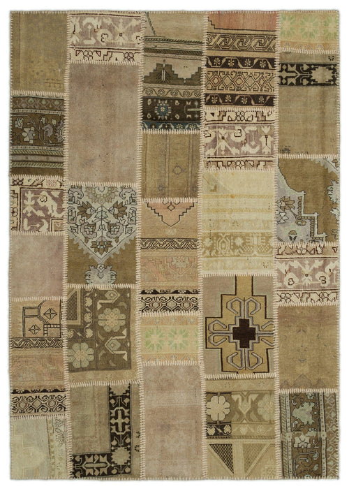 Iskece 21417 Beige Patchwork Wool Handmade Area Rug 5'3" x 7'7"
