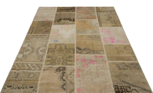 Iskece 21426 Beige Patchwork Wool Handmade Area Rug 5'3" x 7'7"