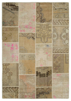 Iskece 21426 Beige Patchwork Wool Handmade Area Rug 5'3" x 7'7"