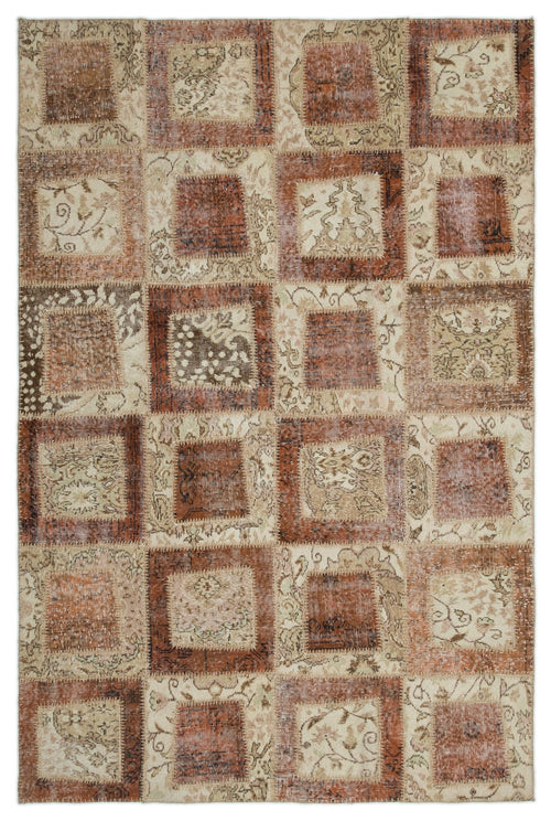 Iskece 21436 Beige Patchwork Wool Handmade Area Rug 5'3" x 7'11"