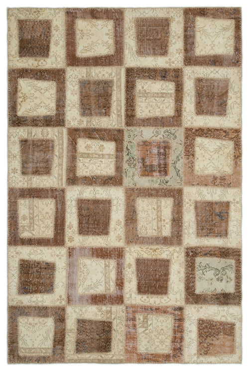 Iskece 21441 Beige Patchwork Wool Handmade Area Rug 5'3" x 7'11"