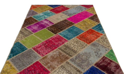 Iskece 21471 Beige Patchwork Wool Handmade Area Rug 5'3" x 7'8"