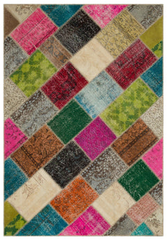 Iskece Beige Patchwork Wool Handmade Area Rug 5'3" x 7'9"