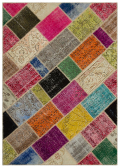 Iskece 21476 Beige Patchwork Wool Handmade Area Rug 5'4" x 7'7"