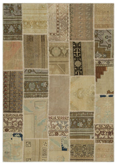 Iskece 21499 Beige Patchwork Wool Handmade Area Rug 5'3" x 7'7"