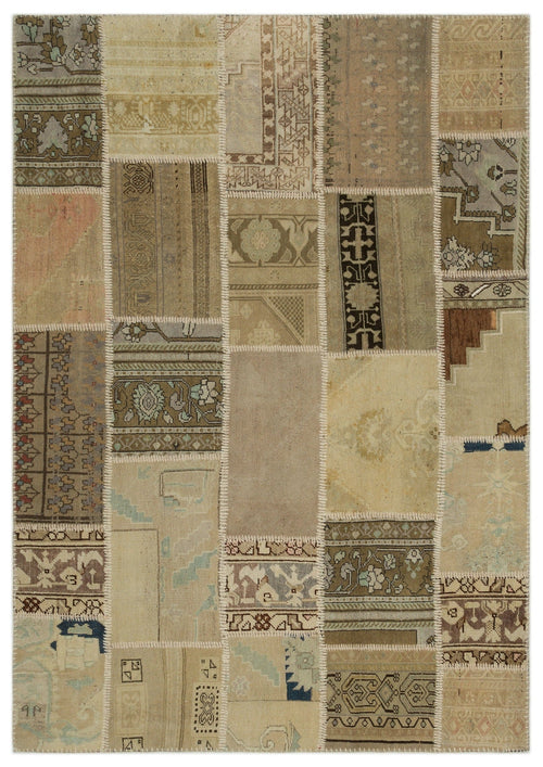 Iskece 21499 Beige Patchwork Wool Handmade Area Rug 5'3" x 7'7"