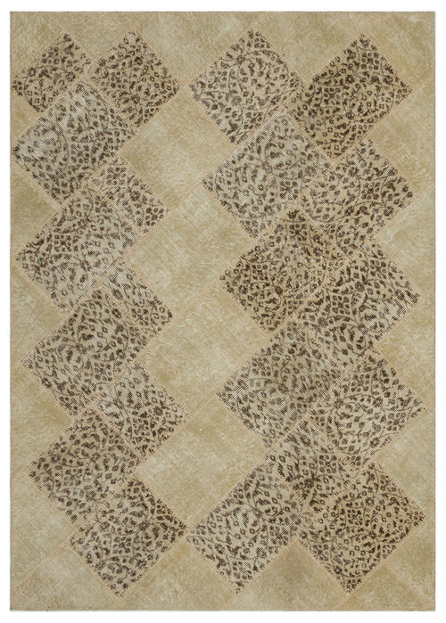 Iskece 21547 Beige Patchwork Wool Handmade Area Rug 5'3" x 7'8"