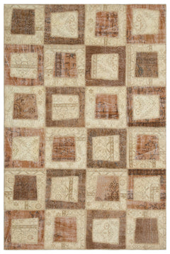 Iskece 21584 Beige Patchwork Wool Handmade Area Rug 5'3" x 7'8"