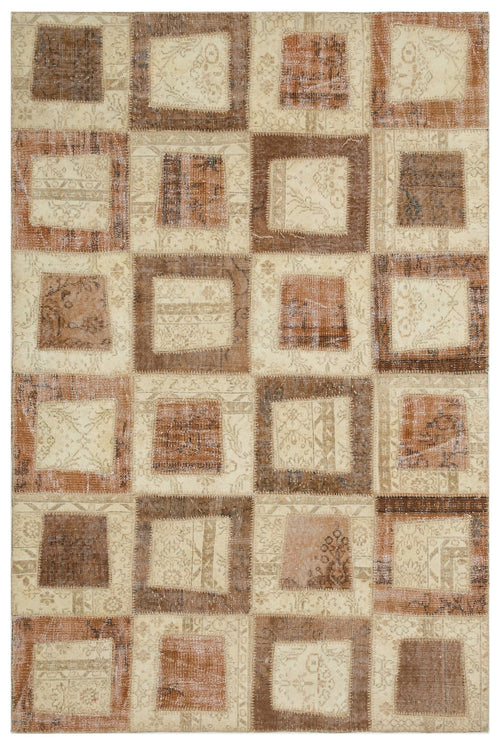 Iskece 21584 Beige Patchwork Wool Handmade Area Rug 5'3" x 7'8"