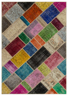 Iskece 21600 Beige Patchwork Wool Handmade Area Rug 5'3" x 7'8"