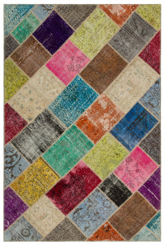 Iskece 21606 Beige Patchwork Wool Handmade Area Rug 5'3" x 7'8"