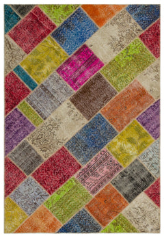 Iskece 21610 Beige Patchwork Wool Handmade Area Rug 5'3" x 7'8"