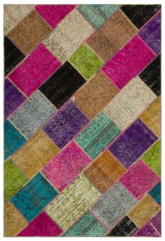 Iskece 21615 Beige Patchwork Wool Handmade Area Rug 5'3" x 7'8"