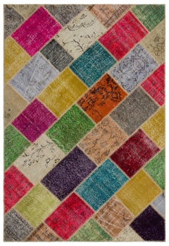 Iskece 21618 Beige Patchwork Wool Handmade Area Rug 5'3" x 7'8"