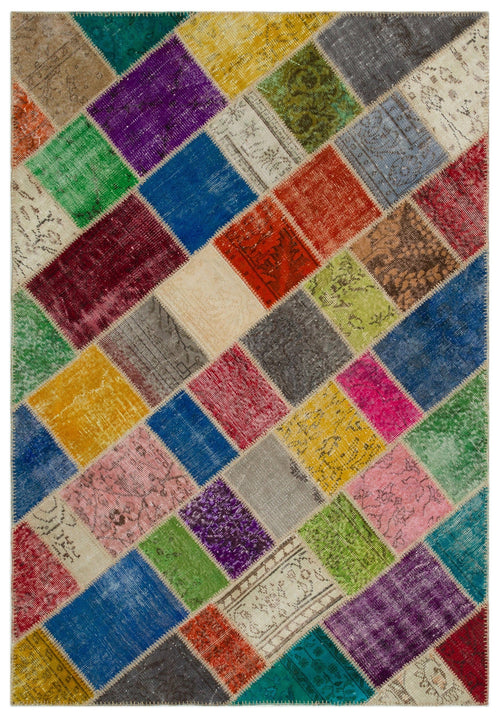 Iskece 21620 Beige Patchwork Wool Handmade Area Rug 5'3" x 7'8"