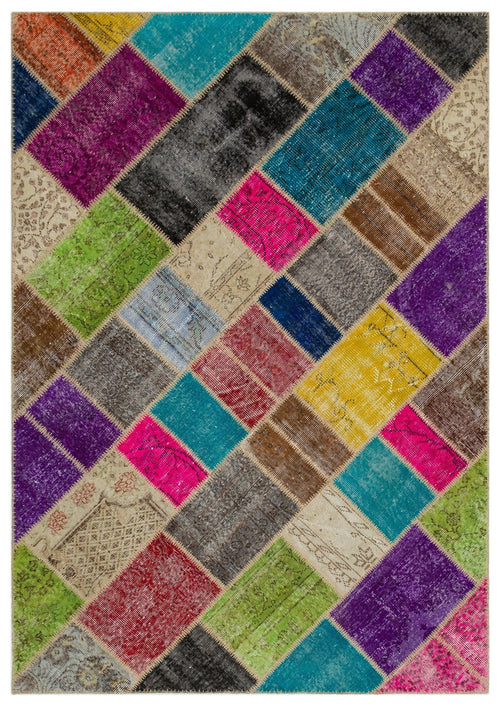 Iskece 21628 Beige Patchwork Wool Handmade Area Rug 5'3" x 7'8"
