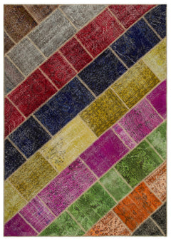 Iskece 21634 Beige Patchwork Wool Handmade Area Rug 5'3" x 7'8"