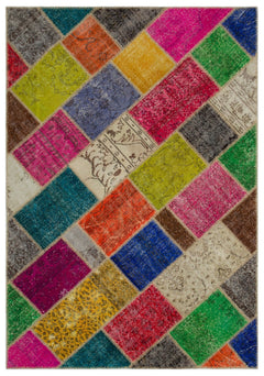Iskece 21638 Beige Patchwork Wool Handmade Area Rug 5'3" x 7'8"