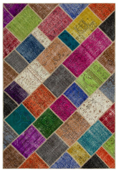 Iskece 21640 Beige Patchwork Wool Handmade Area Rug 5'3" x 7'8"
