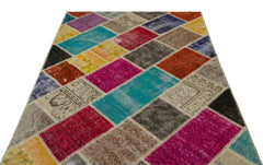 Iskece 21644 Beige Patchwork Wool Handmade Area Rug 5'3" x 7'8"