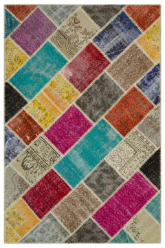 Iskece 21644 Beige Patchwork Wool Handmade Area Rug 5'3" x 7'8"