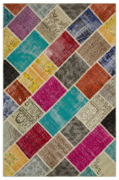 Iskece 21644 Beige Patchwork Wool Handmade Area Rug 5'3" x 7'8"