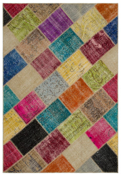 Iskece 21649 Beige Patchwork Wool Handmade Area Rug 5'3" x 7'8"