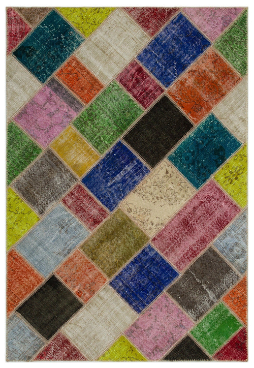 Iskece 21650 Beige Patchwork Wool Handmade Area Rug 5'3" x 7'8"