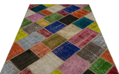 Iskece 21650 Beige Patchwork Wool Handmade Area Rug 5'3" x 7'8"