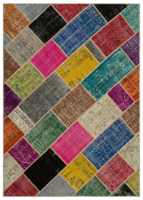 Iskece 21652 Beige Patchwork Wool Handmade Area Rug 5'3" x 7'8"