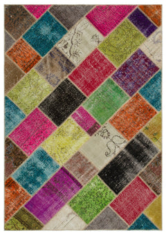 Iskece 21654 Beige Patchwork Wool Handmade Area Rug 5'3" x 7'8"