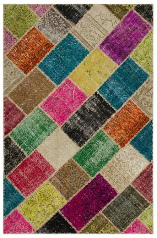 Iskece 21657 Beige Patchwork Wool Handmade Area Rug 5'3" x 7'8"