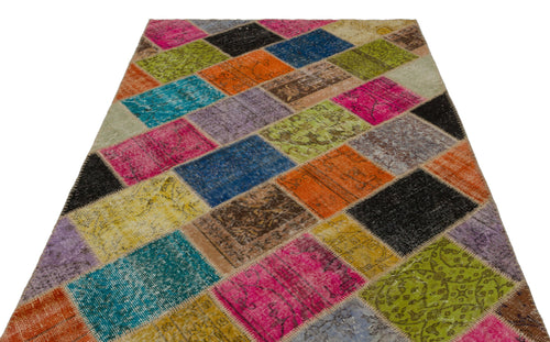 Iskece 21659 Beige Patchwork Wool Handmade Area Rug 5'3" x 7'8"