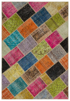 Iskece 21659 Beige Patchwork Wool Handmade Area Rug 5'3" x 7'8"