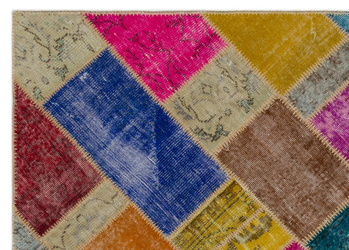 Iskece 21661 Beige Patchwork Wool Handmade Area Rug 5'3" x 7'8"