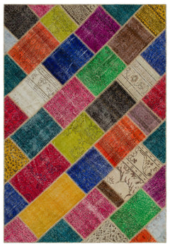 Iskece 21662 Beige Patchwork Wool Handmade Area Rug 5'3" x 7'8"