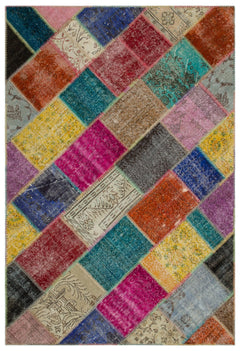 Iskece 21664 Beige Patchwork Wool Handmade Area Rug 5'3" x 7'8"