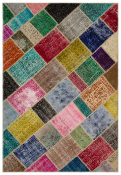 Iskece 21668 Beige Patchwork Wool Handmade Area Rug 5'3" x 7'8"
