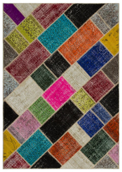 Iskece 21669 Beige Patchwork Wool Handmade Area Rug 5'3" x 7'8"