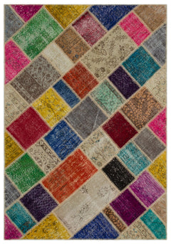 Iskece 21671 Beige Patchwork Wool Handmade Area Rug 5'3" x 7'8"