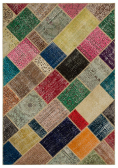 Iskece 21673 Beige Patchwork Wool Handmade Area Rug 5'3" x 7'8"