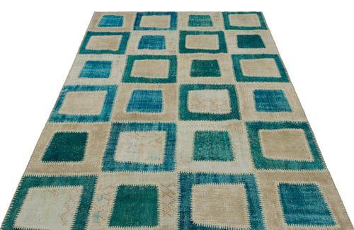 Iskece 21788 Turquoise Patchwork Wool Handmade Area Rug 5'3" x 7'10"
