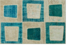 Iskece 21788 Turquoise Patchwork Wool Handmade Area Rug 5'3" x 7'10"