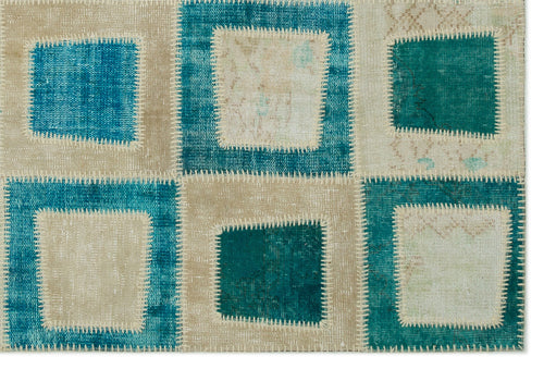 Iskece 21788 Turquoise Patchwork Wool Handmade Area Rug 5'3" x 7'10"