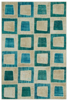 Iskece 21788 Turquoise Patchwork Wool Handmade Area Rug 5'3" x 7'10"