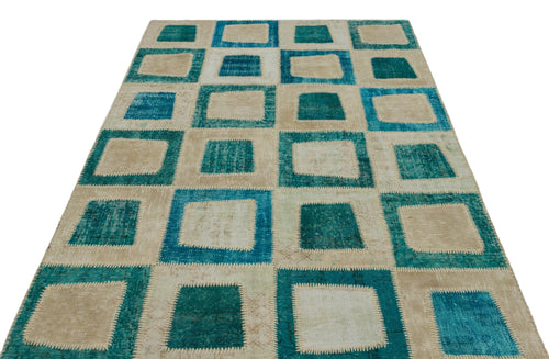 Iskece 21819 Turquoise Patchwork Wool Handmade Area Rug 5'3" x 7'11"