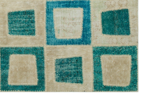 Iskece 21819 Turquoise Patchwork Wool Handmade Area Rug 5'3" x 7'11"