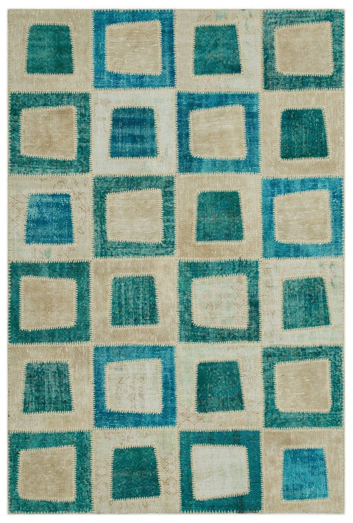 Iskece 21819 Turquoise Patchwork Wool Handmade Area Rug 5'3" x 7'11"