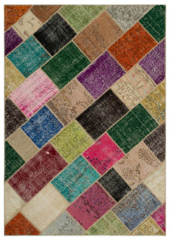 Iskece Beige Patchwork Wool Handmade Area Rug 5'3" x 7'7"